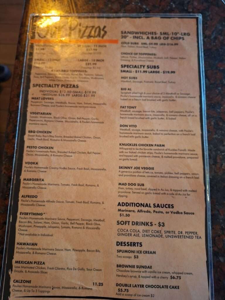 Paulie’s Pizza Pub menu 3