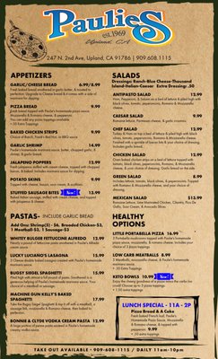 Paulie’s Pizza Pub menu 1